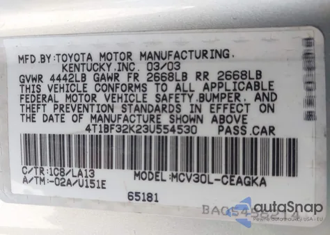 2003 Toyota Camry Xle V6 из США, поврежденный, VIN 4T1BF32K23U554530